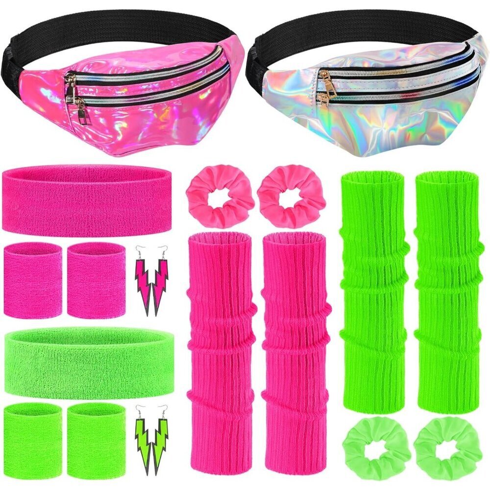 80s Costume Set Neon Leg Warmers Fanny Pack Wristbands Headband for Women